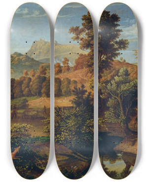 Triptych art skateboard deck of Joseph Anton Koch Italienische Landschaft Mit Pflgendem Landmann Die Serpentara Bei Olevano Landschaft Bei Paliano by Joseph Anton Koch (1768-1839)