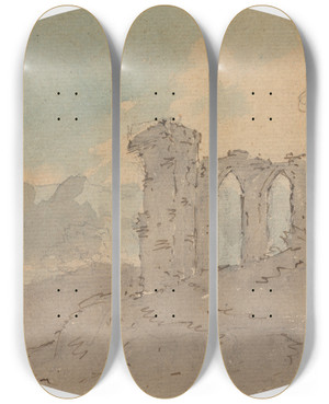 Triptych art skateboard deck of William Gilpin View Of Castle Ruin by William Gilpin (1724-1804)