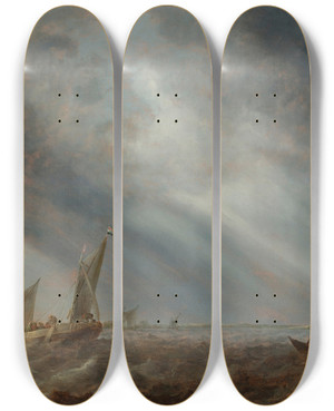 Triptych art skateboard deck of Abraham Van Beijeren Various Sailing Vessels And A Rowing Boat With Fishermen On Choppy Waters Under A Stormy Sky by Abraham Van Beyeren (1620-1690)