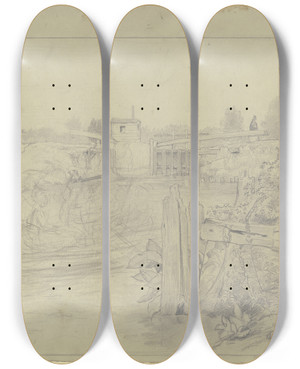 Triptych art skateboard deck of Otto Scholderer Flusslandschaft Mit Ruderbootpartie Und Schleuse by Otto Scholderer (1834-1902)