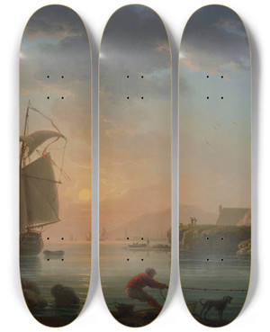 Triptych art skateboard deck of Claudejoseph Vernet Mediterranean Port At Sunset With A Fisherman In The Foreground by Claude Joseph Vernet (1714-1789) Triptych art skateboard deck of Claudejoseph Vernet Mediterranean Port At Sunset With A Fisherman In The Foreground by Claude Joseph Vernet (1714-1789)