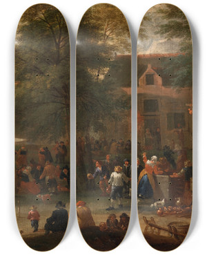 Triptych art skateboard deck of Mathys Schoevaerdts The Game Of Bowls by Mathys Schoevaerdts (1665-1702)