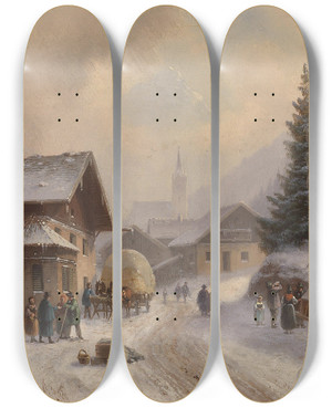 Triptych art skateboard deck of Anton Doll Dorfstrae Im Winter by Anton Doll (1826-1887)