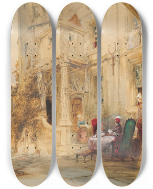 Triptych art skateboard deck of James Holland French Scene With Figures by James Holland (1800-1870)
