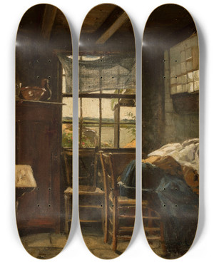 Triptych art skateboard deck of Pavel Alexandrovich Svedomsky Finnish Cottage Interior by Pavel Alexandrovich Svedomsky (1849-1904)