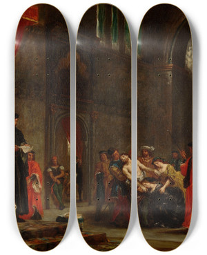 Triptych art skateboard deck of Eugne Delacroix Les Deux Foscari by Eugene Delacroix (1798-1863)