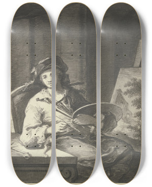Triptych art skateboard deck of Johann Georg Trautmann Ein Maler In Seinem Atelier by Johann Georg Trautmann (1713-1769)