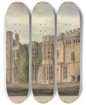 Triptych art skateboard deck of John Buckler South View Of Thornbury Castle Gloucestershire by John Buckler (1770-1851)