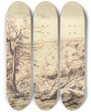 Triptych art skateboard deck of John Linnell Woodcutters In A Forest by John Linnell (1792-1882)