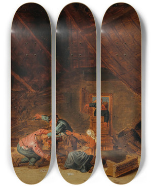 Triptych art skateboard deck of Bartholomeus Molenaer A Tavern Interior With Brawling Peasants by Bartholomeus Molenaer (1618-1650)