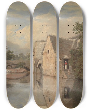Triptych art skateboard deck of William Linton Cottages By A River by William Linton (1791-1876)