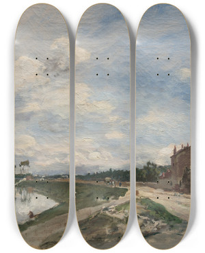 Triptych art skateboard deck of Johan Barthold Jongkind The Seine At Basmeudon by Johan Barthold Jongkind (1819-1891)