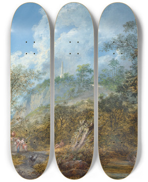Triptych art skateboard deck of Salomon Gessner Arcadian Landscape With An Obelisk by Salomon Gessner (1730-1788)