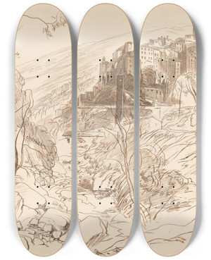 Triptych art skateboard deck of Edward Lear View Of Ceriana by Edward Lear (1812-1888)