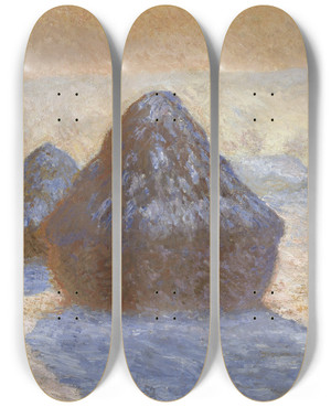 Triptych art skateboard deck of Claude Monet Haystacks Snow Effect by Claude Monet (1840-1926)
