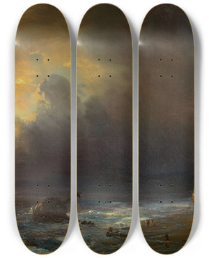 Triptych art skateboard deck of Thodore Gudin Coastal Scene By Moonlight by Theodore Gudin (1802-1880)