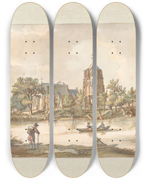 Triptych art skateboard deck of Jan De Beijer Gezicht Op Acquoy Aan De Linge by Jan de Beijer (1703-1780)