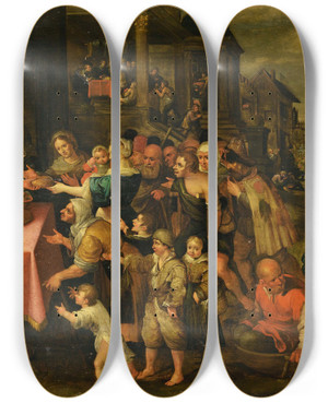 Triptych art skateboard deck of Frans Francken The Younger The Works Of Mercy by Frans Francken the Younger (1581-1642)