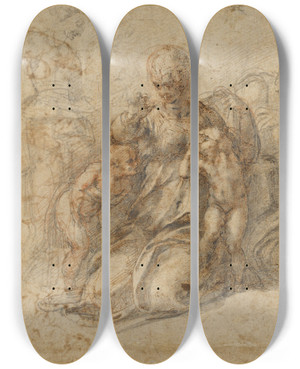 Triptych art skateboard deck of Michelangelo The Holy Family With The Infant Saint John The Baptist by Michelangelo (1475-1564)