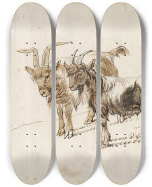 Triptych art skateboard deck of Barend Hendrik Thier Twee Geiten by Barend Hendrik Thier (1751-1814)