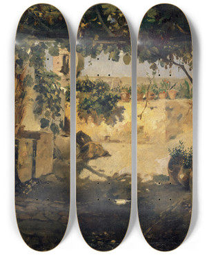 Triptych art skateboard deck of Frank Buchser Spanish Pergola by Frank Buchser (1828-1890)