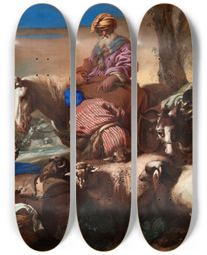 Triptych art skateboard deck of Giovanni Benedetto Castiglione The Oath Of Abrahams Servant by Giovanni Benedetto Castiglione (1609-1664)
