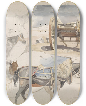 Triptych art skateboard deck of Willem Anthonie Van Deventer Studieblad Met Schelpenkar Op Het Strand En Diverse Studies Van Paarden by Willem Anthonie Van Deventer (1824-1893)