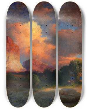Triptych art skateboard deck of Thomas Moran Sunset Cloud Green River Wyoming by Thomas Moran (1837-1926)
