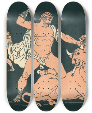 Triptych art skateboard deck of Bartolomeo Pinelli Entellus Killing The Bull by Bartolomeo Pinelli (1781-1835)