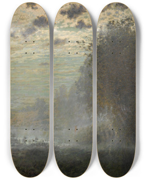 Triptych art skateboard deck of Adrienjoseph Heymans Landscape By Moonlight by Adrien-Joseph Heymans (1839-1921)