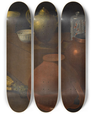 Triptych art skateboard deck of Rodolfo Lodi A Still Life With Two Wicker Covered Glass Bottles An Upturned Terracotta Pot A Selection Of Other Vessels And A Bunch Of Carrots by Rodolfo Lodi (17-)