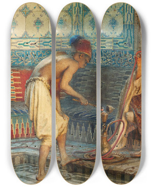 Triptych art skateboard deck of Carl Haag The Nargileh by Carl Haag (1820-1915)