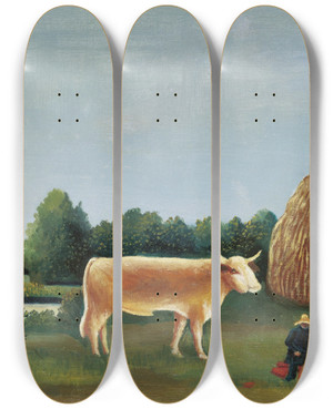Triptych art skateboard deck of Henri Rousseau Scene In Bagneux On The Outskirts Of Paris by Henri Rousseau (1844-1910)