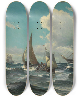 Triptych art skateboard deck of Vilhelm Bille Fischerboot Und Dampfsegler Auf Bewegter See by Vilhelm Bille (1864-1908)