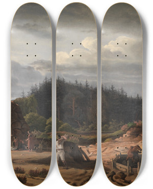 Triptych art skateboard deck of Fritz Petzholdt A Bog With Peat Cutters Hsterkb North Zealand by Fritz Petzholdt (1805-1838)