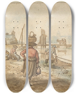 Triptych art skateboard deck of Hendrick Avercamp River Landscape With A Woman Carrying A Basket On Her Head Fishermen And Other Figures Near The Walls Of A Town by Hendrick Avercamp (1585-1634)