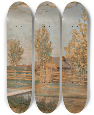 Triptych art skateboard deck of Iegoshua Moiseevich Shlugleit Autumn Landscape by Iegoshua Moiseevich Shlugleit (1875-1914)