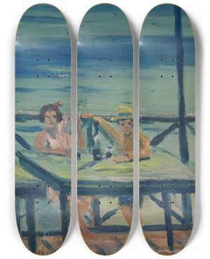 Triptych art skateboard deck of Ernst Schiess Fishermans Inn At The Seaside by Ernst Schiess (1872-1919)