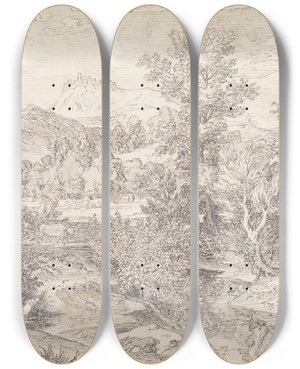 Triptych art skateboard deck of Joseph Anton Koch Roman Landscape With Figures Near Paliano by Joseph Anton Koch (1768-1839)