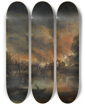 Triptych art skateboard deck of Aert Van Der Neer A Moonlit Landscape With A Burning Village by Aert van der Neer (1603-1677)