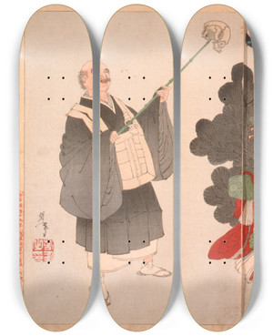 Triptych art skateboard deck of Tsukioka Yoshitoshi The Story Of The Courtesan Jigokuday And Priest Ikky by Tsukioka Yoshitoshi (1839-1892)