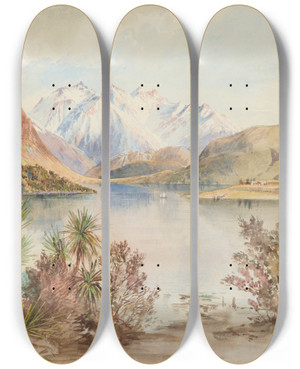 Triptych art skateboard deck of Nicholas Chevalier Wanaka Lake by Nicholas Chevalier (1828-1902)