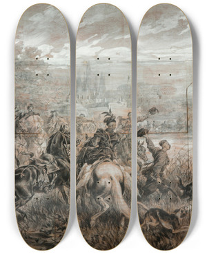 Triptych art skateboard deck of Juliusz Kossak Heron Hunting by Juliusz Kossak (1824-1899)