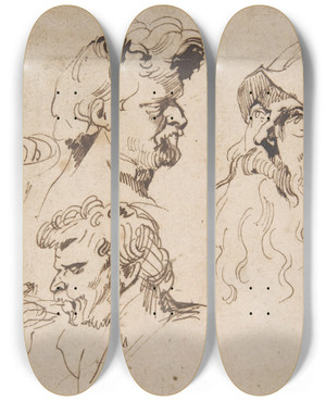 Triptych art skateboard deck of Anthony Van Dyck Sheet Of Studies Of Heads by Anthony Van Dyck (1599-1641)