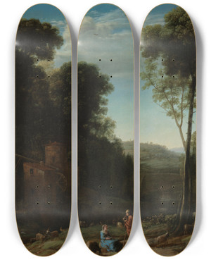 Triptych art skateboard deck of Claude Lorrain Pastoral Landscape With A Mill by Claude Lorrain (1604-1682)