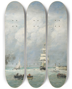 Triptych art skateboard deck of Eugne Boudin Le Havre Entre Du Port by Eugene Boudin (1824-1898)