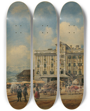 Triptych art skateboard deck of Rudolf Von Alt Das Rathaus In Gmunden by Rudolf Von Alt (1812-1905)