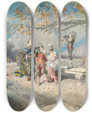 Triptych art skateboard deck of Mariano Fortuny Marsal Masquerade by Mariano Fortuny Marsal (1838-1874)