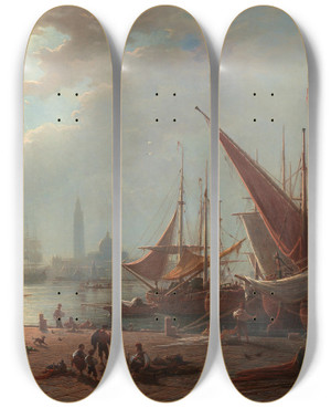 Triptych art skateboard deck of Ludwig Mecklenburg Venice A View Of San Giorgio Maggiore From The Piazzetta by Ludwig Mecklenburg (1820-1882)