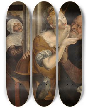 Triptych art skateboard deck of Jan Massijs Illmatched Couple by Jan Massijs (1510-1575)